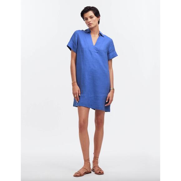Madewell V Neck Mini Dress Linen Blue Pockets Easy Shift Relaxed Coastal XS NWT - Picture 1 of 14